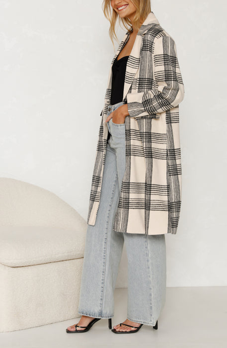 Autumn Winter Women Coat Mid Length Striped Fresh Elegant