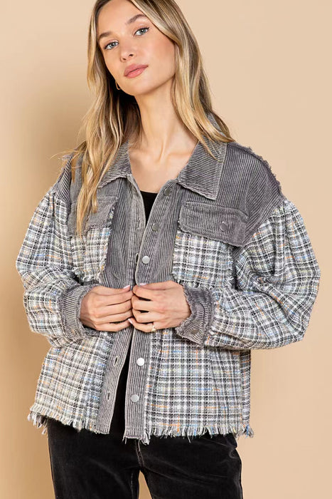 Popular Jacket Autumn Winter Washed Corduroy Stitching Tweed Coat