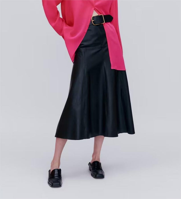 Solid Color High Waist Slim Fit A line  Long Skirt Autumn Winter Commuting Elegant Leather Skirt Women Skirt