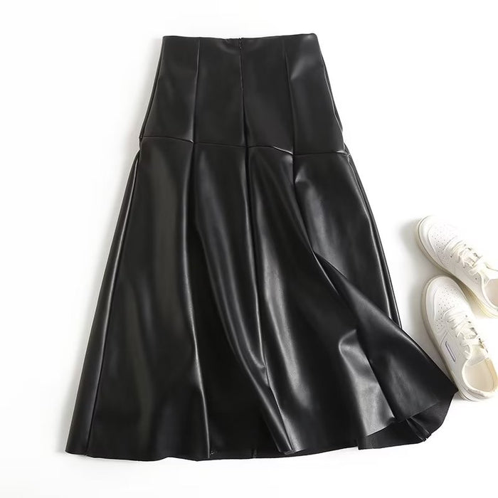 Solid Color High Waist Slim Fit A line  Long Skirt Autumn Winter Commuting Elegant Leather Skirt Women Skirt