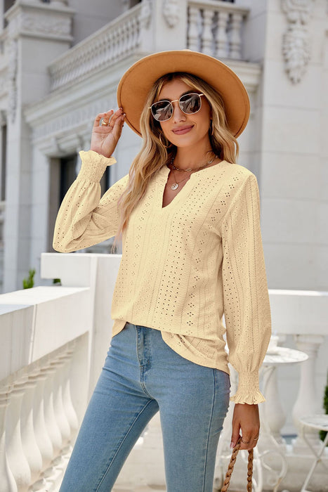 Solid Color Hollow Out Pleated Ruffle Sleeve V neck Loose Long Sleeve Top