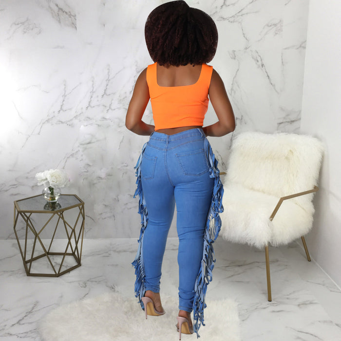 Sexy Tassel Ripped Washed Slim Stretch Denim Skinny Pants