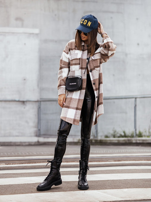 New Mid Length Plaid Printed Coat