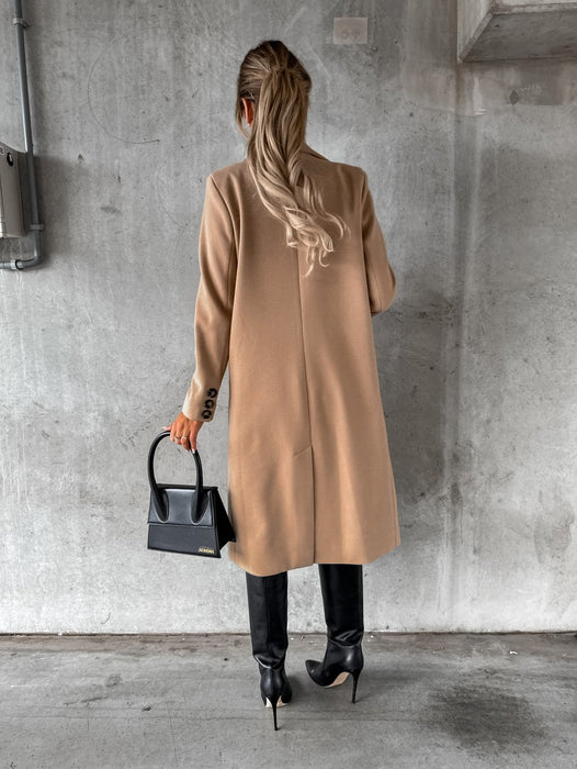 Autumn And Winter Simple Long Sleeve Double Row Button Woolen Coat Women