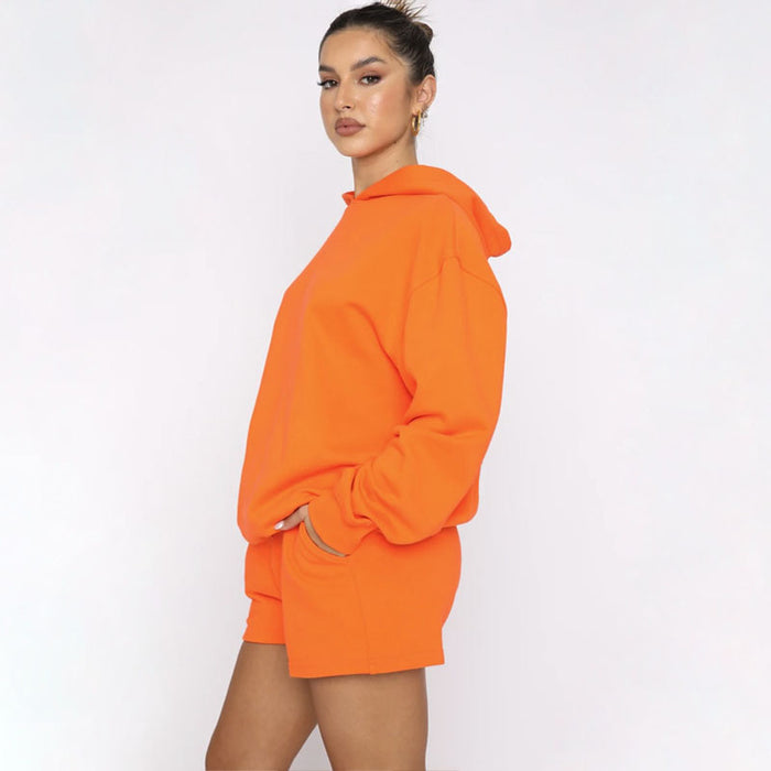 Autumn Winter Solid Color Pullover Hooded Long Sleeves Sweaters Women Clothing Casual Shorts Suit