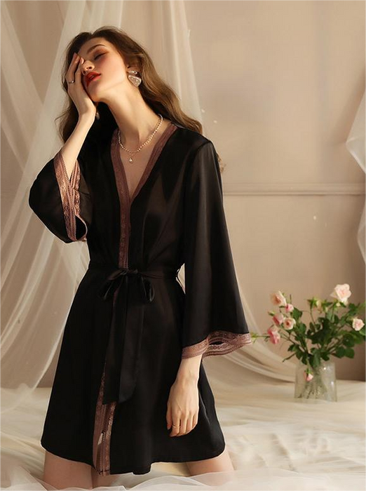 Seduction Sexy Pajamas Women  Ice Silk Robe Sexy Bathrobe Long Sleeve Silk Lace Pajamas Homewear