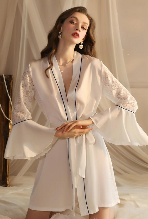 Autumn Winter Sexy Nightgown Light Luxury Pajamas Women Bathrobe Satin Lace Seduction Bridesmaid Dress Cardigan Homewear