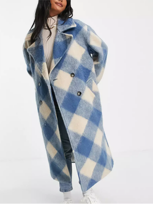 Early Winter Women Clothing Collar Retro Blue Plaid Loose Fitting Slimming Woolen Coat Outerwear