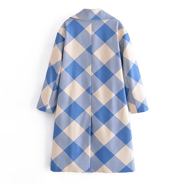 Early Winter Women Clothing Collar Retro Blue Plaid Loose Fitting Slimming Woolen Coat Outerwear