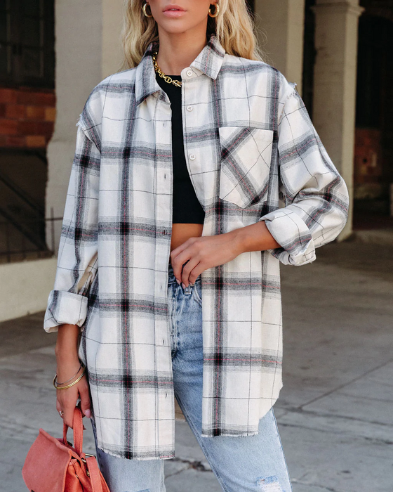 Women  Summer Vacation New Large Plaid Long Sleeve Burr Shirt