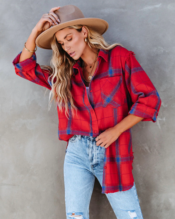 Women  Summer Vacation New Large Plaid Long Sleeve Burr Shirt