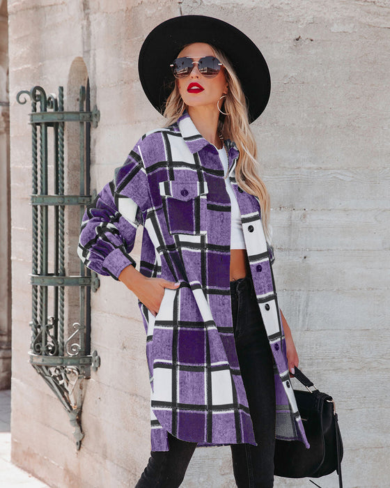 Winter Women  Collared Long Plaid Top Office Loose Woolen