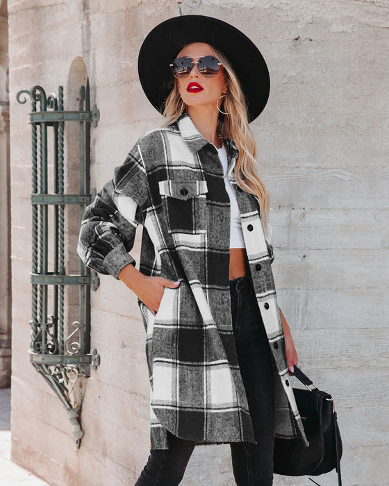 Winter Women  Collared Long Plaid Top Office Loose Woolen