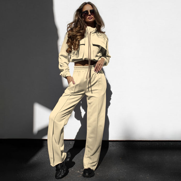 Autumn Winter Solid Color Zipper Double Bag Drawstring Long Sleeve Top Casual Trousers Suit Women