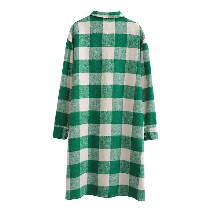 Autumn Double Pocket Plush Woolen Plaid Overcoat Coat Women Woolen Outer