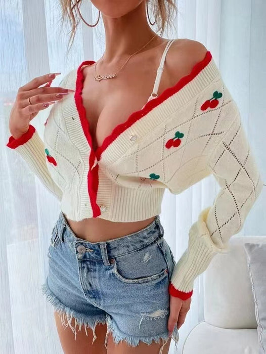 Cherry Embroidery Mesh Knitted Cardigan