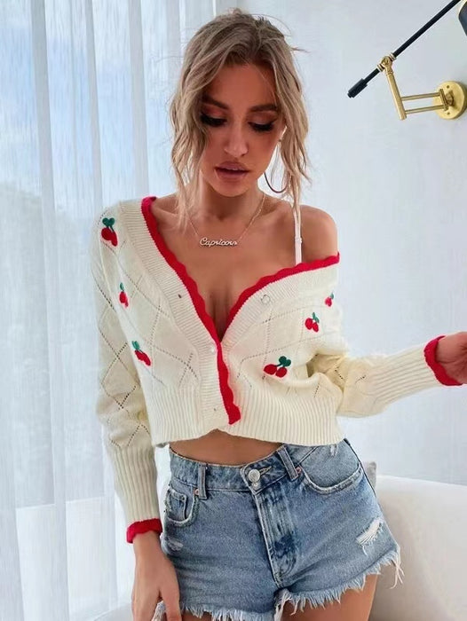 Cherry Embroidery Mesh Knitted Cardigan