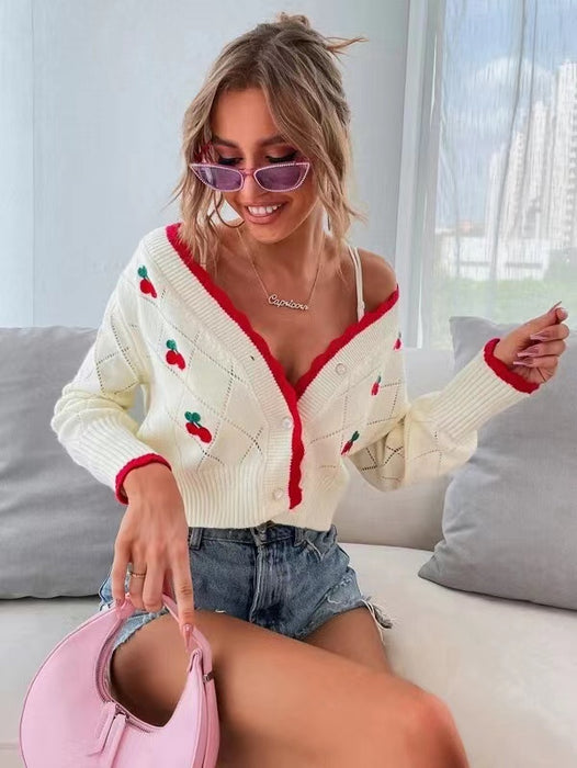 Cherry Embroidery Mesh Knitted Cardigan