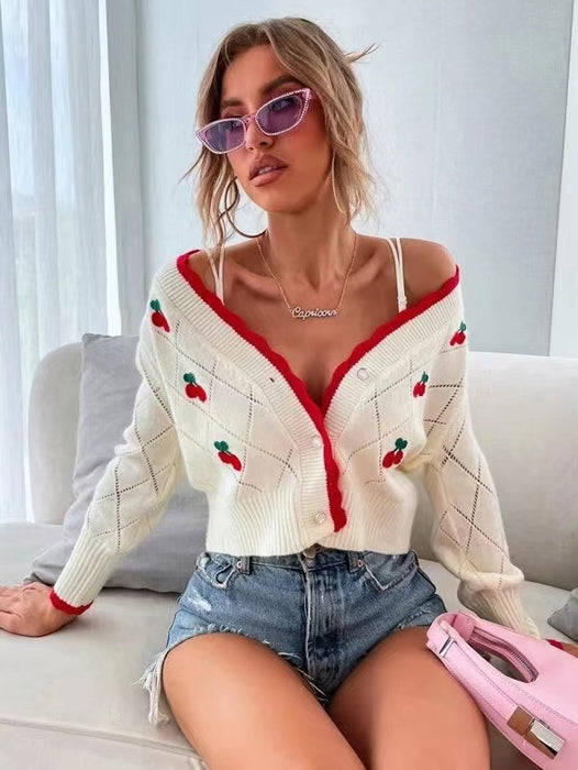 Cherry Embroidery Mesh Knitted Cardigan