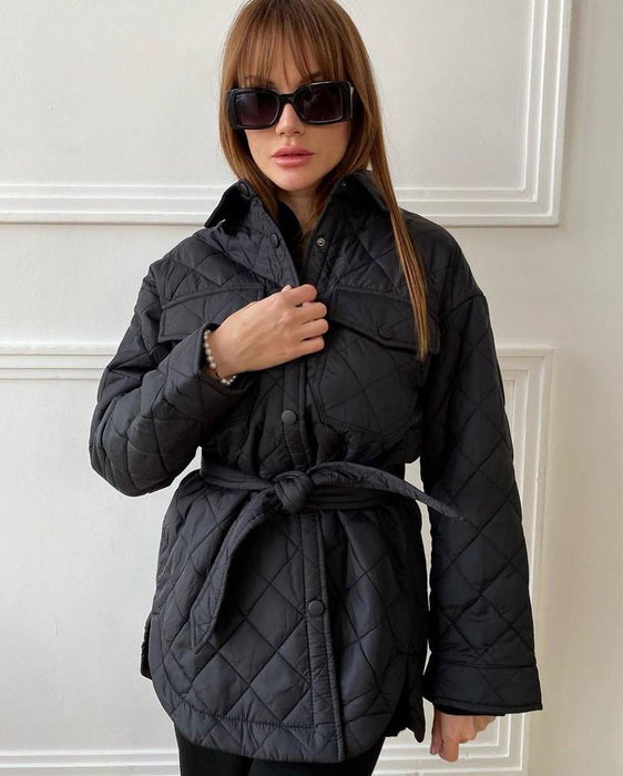 Long Breasted Collared Loose Warm Rhombus Cotton Padded Coat Autumn Winter Wild Thickened Cotton Padded Coat for Women