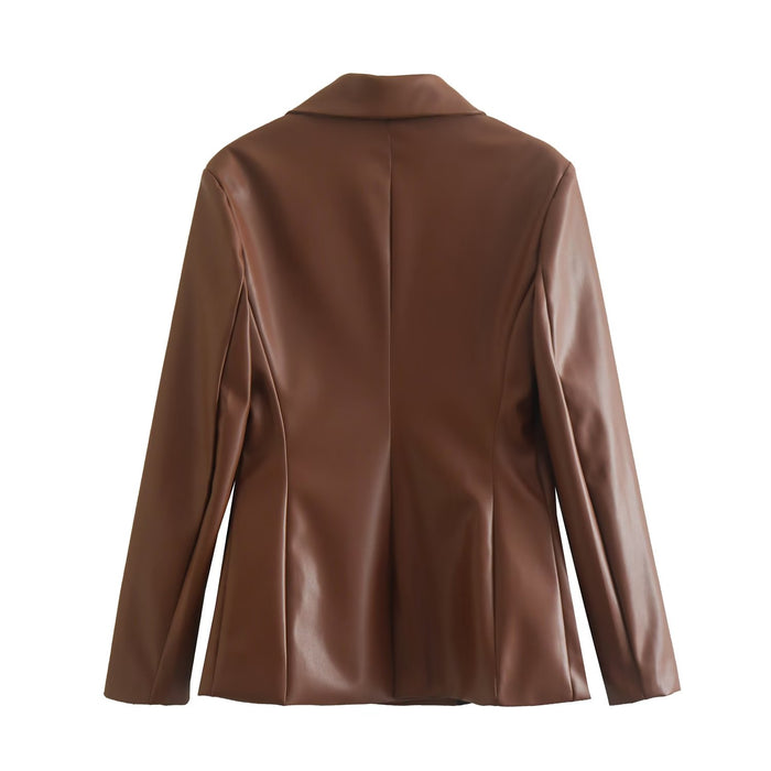 Autumn Winter Women Clothing Faux Leather Double Breasted Blazer Tops