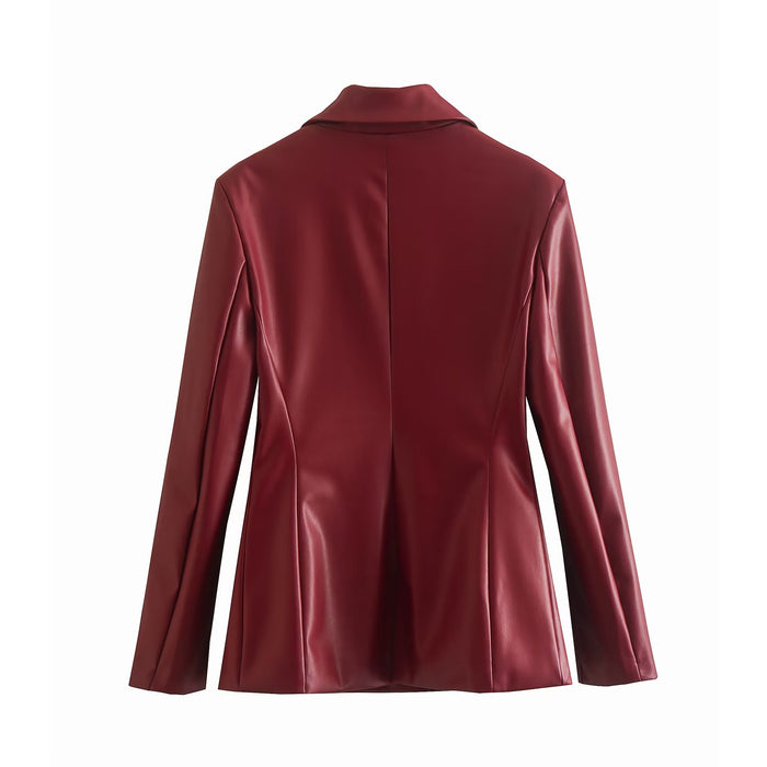 Autumn Winter Women Clothing Faux Leather Double Breasted Blazer Tops