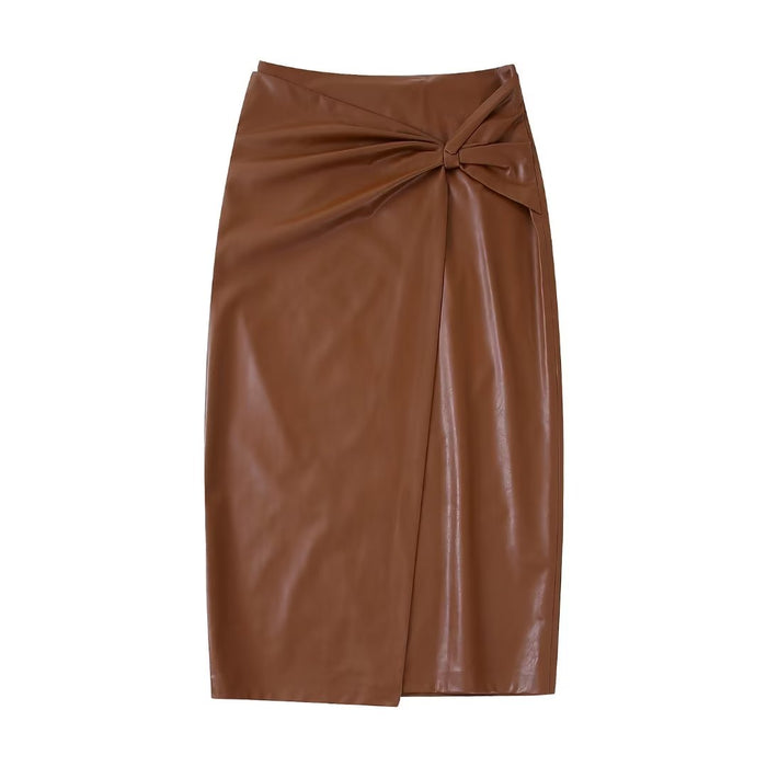 Winter Retro High Waist Slimming Pleated Faux Leather Front Slit Skirt Women