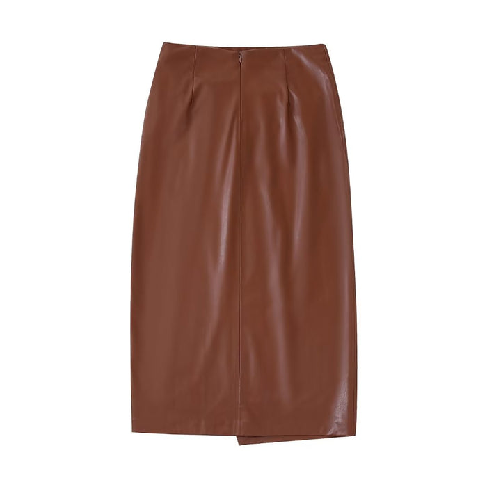 Winter Retro High Waist Slimming Pleated Faux Leather Front Slit Skirt Women