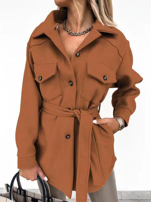 Autumn Winter Women Long Sleeve Solid Color Collared Button Lace up Woolen Coat