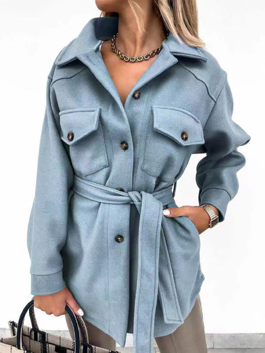 Autumn Winter Women Long Sleeve Solid Color Collared Button Lace up Woolen Coat