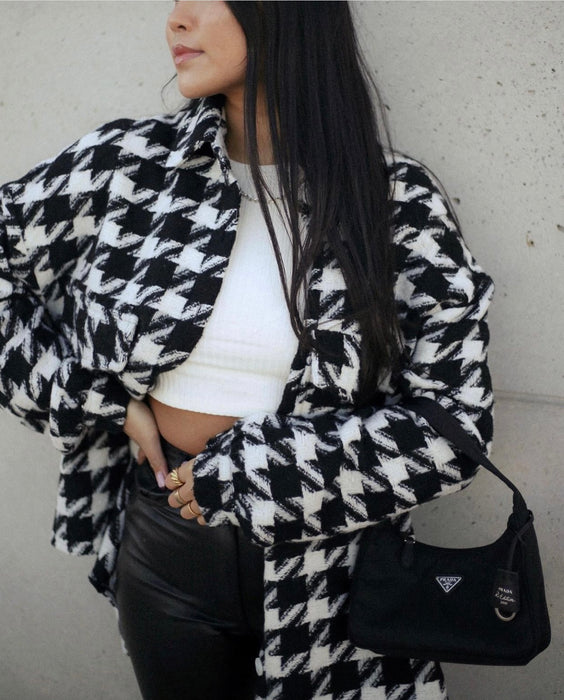 Autumn Winter Women Clothing Houndstooth Woolen Shirt Loose Casual Jacket