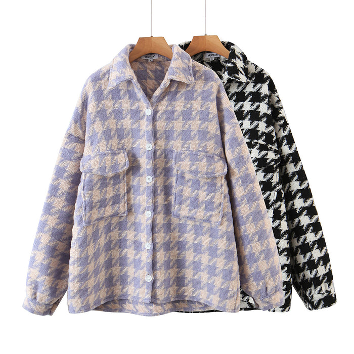 Autumn Winter Women Clothing Houndstooth Woolen Shirt Loose Casual Jacket