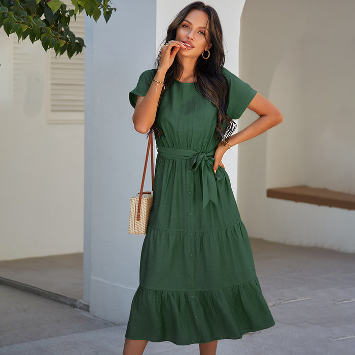 Spring Summer Waist Simple Solid Color Dress Women