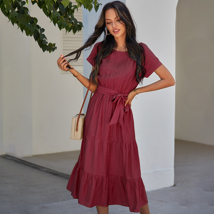 Spring Summer Waist Simple Solid Color Dress Women