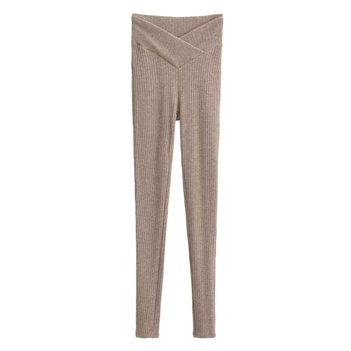 V Waist Elastic Slim Fit Knitted Ankle Tight Pants Women Autumn Winter Vertical Sunken Stripe Slimming Pencil Pants