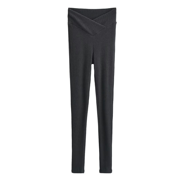 V Waist Elastic Slim Fit Knitted Ankle Tight Pants Women Autumn Winter Vertical Sunken Stripe Slimming Pencil Pants