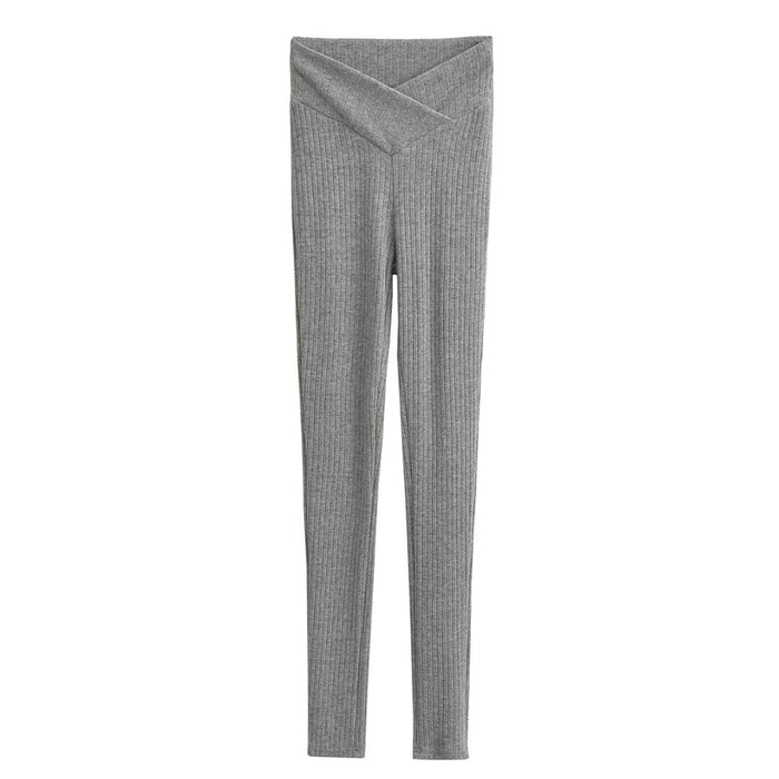 V Waist Elastic Slim Fit Knitted Ankle Tight Pants Women Autumn Winter Vertical Sunken Stripe Slimming Pencil Pants