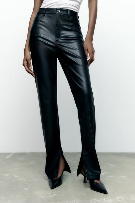 Retro High Waist Faux Leather Bootleg Pants