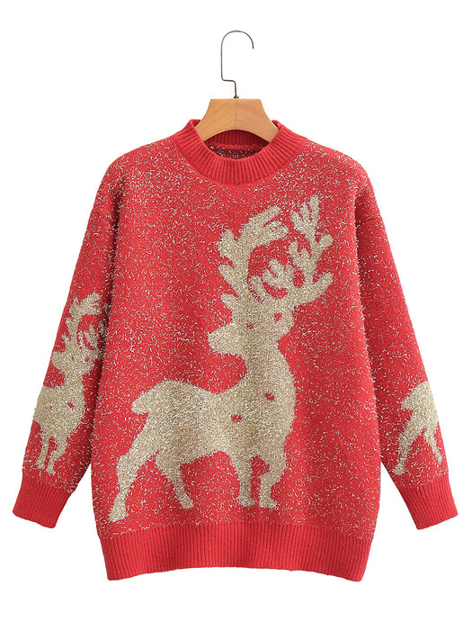 Real Shot Winter Christmas Snowflake Sweater Women Loose Mink Fur Thickened College Mid Length Bright Silk Deer Sweater