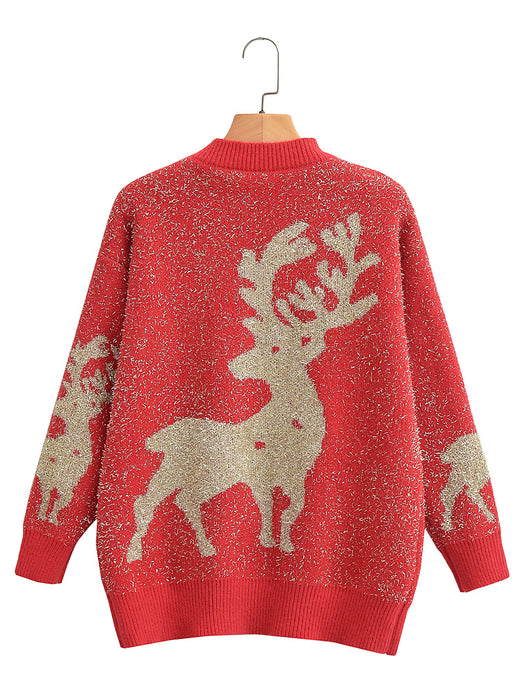 Real Shot Winter Christmas Snowflake Sweater Women Loose Mink Fur Thickened College Mid Length Bright Silk Deer Sweater