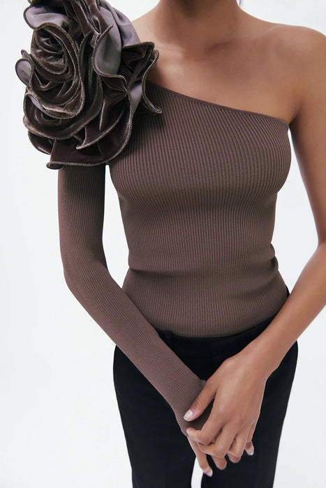 Fall Cropped Outfit Bottoming Shirt off Shoulder Short Top Tight Sexy Long Sleeved 3D Rose Top