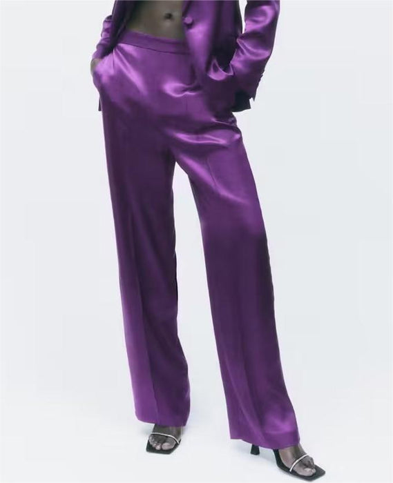 Autumn Women Silk Satin Texture Straight Leg Trousers