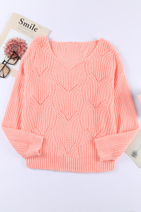 Sweater Women Long-Sleeved Solid Color Hollow Out V neck Loose Sweater Women