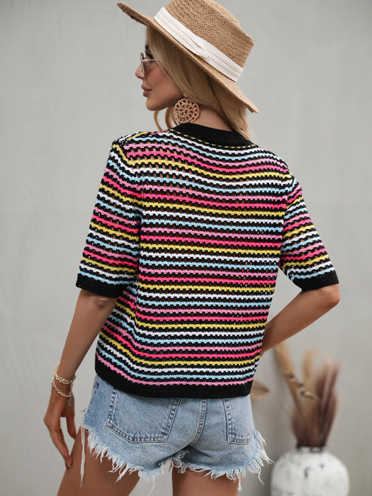 Spring Summer Stitching Hollow Out Cutout Sweater Loose round Neck Striped Sweater