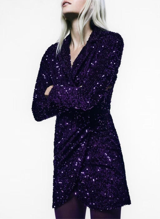 Autumn Winter Women Clothing Waist Trimming Casual Sequin Blazer Dress