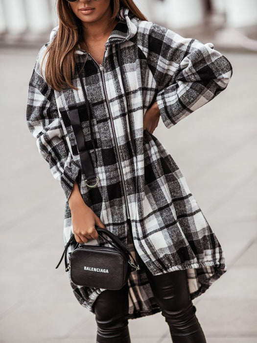 Printed Plaid Zipper Casual Mid Length Hooded Coat Shirt Women