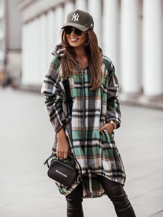 Printed Plaid Zipper Casual Mid Length Hooded Coat Shirt Women