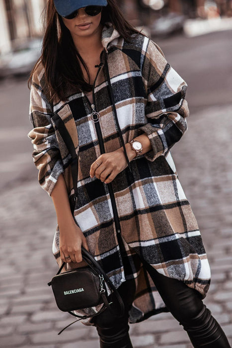 Printed Plaid Zipper Casual Mid Length Hooded Coat Shirt Women