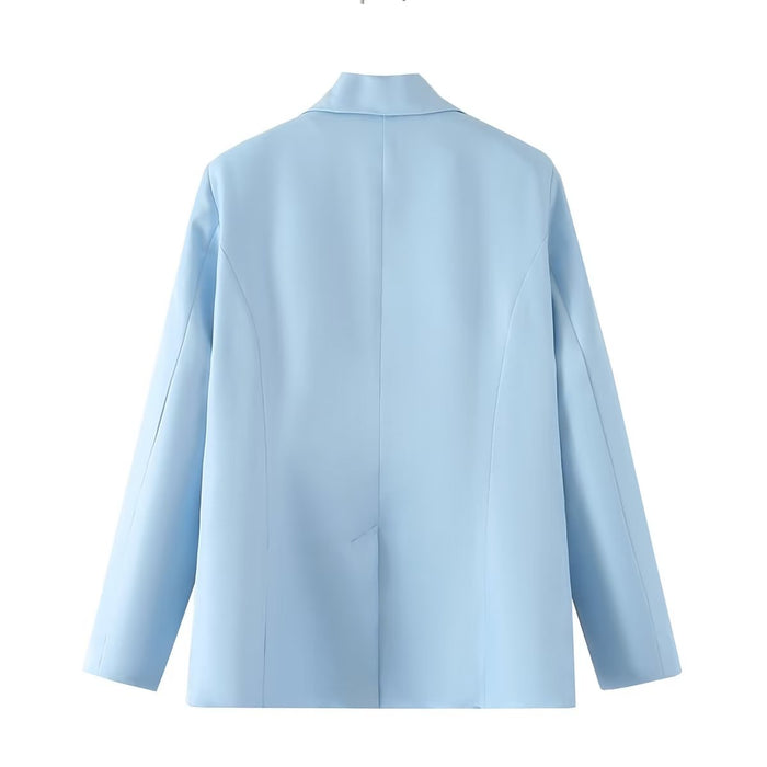 Spring Blue Collared Single Breasted Long Sleeve Blazer Women