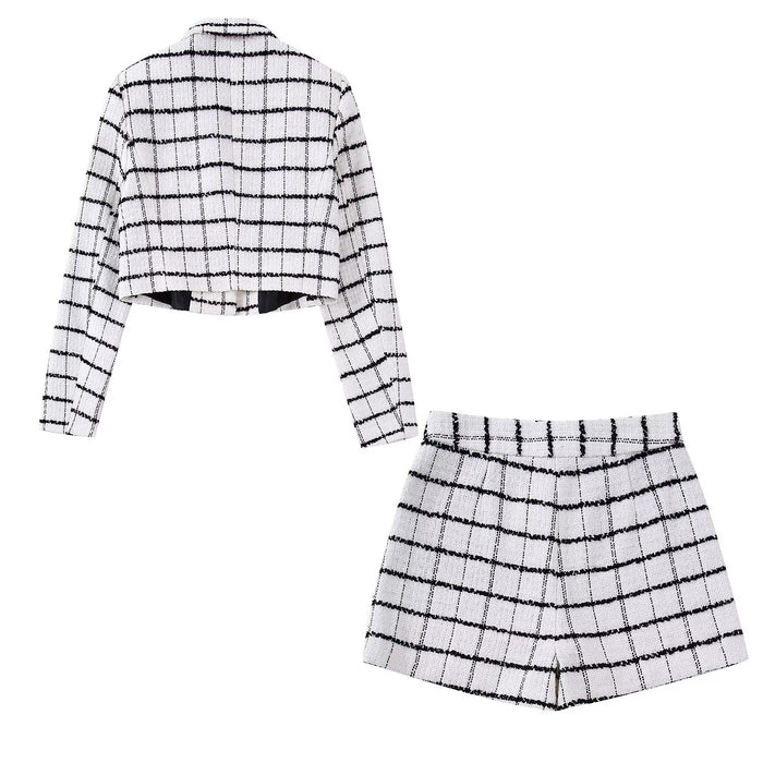 Fall Women Clothing Suit Collar Plaid Short Suit Shorts Suit